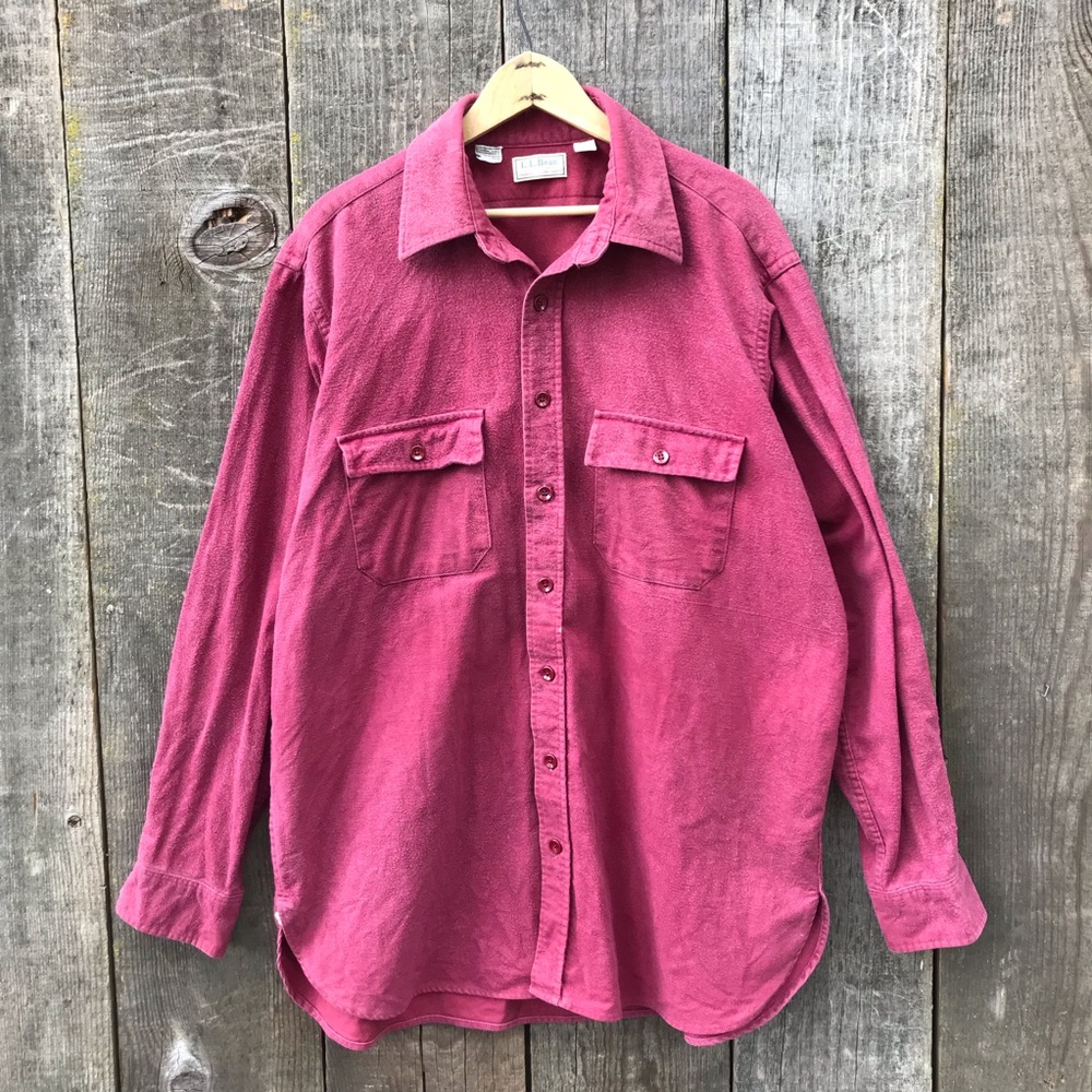 Vintage L.L. Bean Burgundy Chamois Cloth Flannel Button Up Shirt USA 17 1/2 Tall